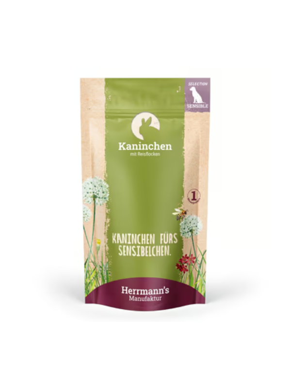 herrmanns_kunec_rizevi_kosmici Herrmann’s Selection Kunec z riževimi kosmiči Herrmann’s mokra hrana s kuncem 400 g
